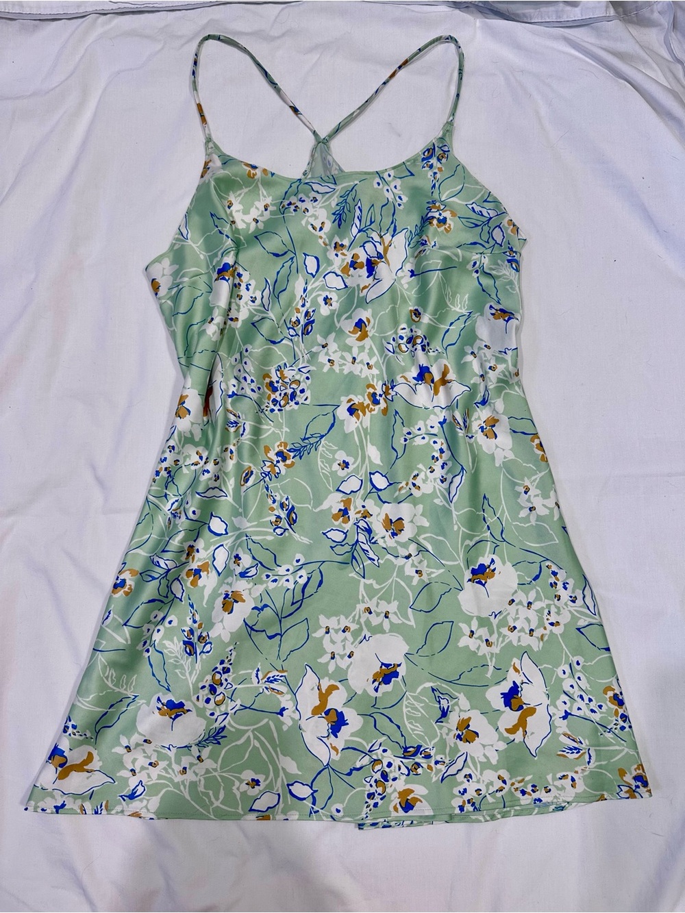 Satin Chemise Slip Dress Mint Green Floral Size Small